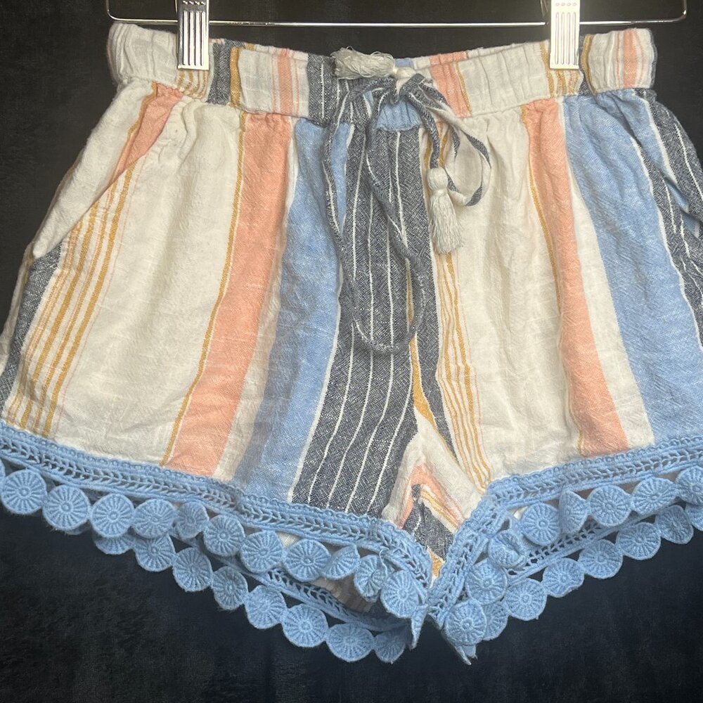 Aerie XS Striped Drawstring Shorts with Blue Crochet Hem